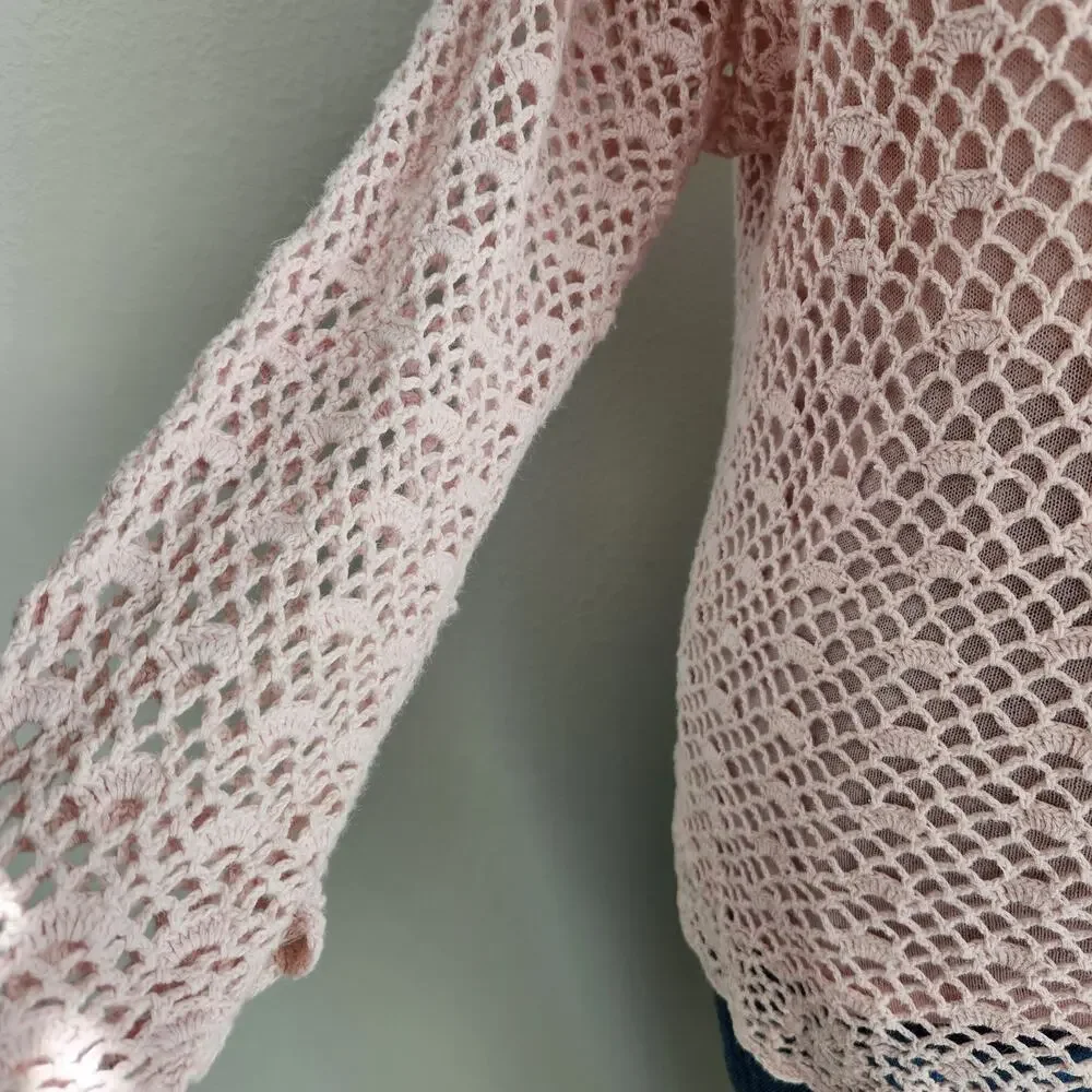 Vintage Y2K Croft & Barrow Pink Crochet Knit Boho Chic 3/4 Sleeve Top L